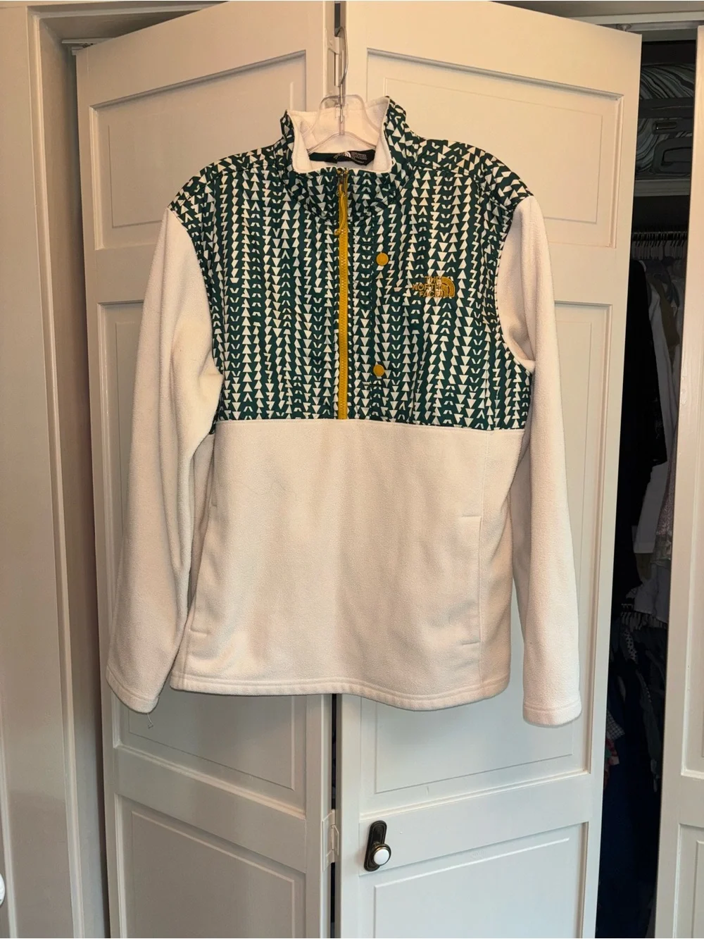 The North Face White Fleece Pullover with Green Pattern and Yellow Accents